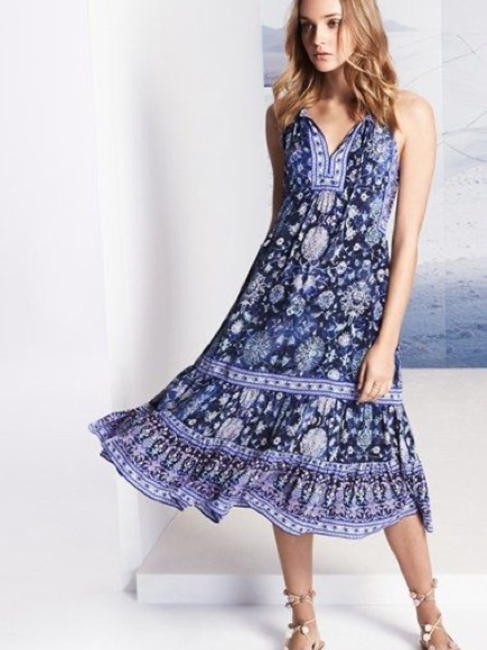Rebecca Taylor Dreamweaver Print Silk Midi Dress Blue Paisley 12